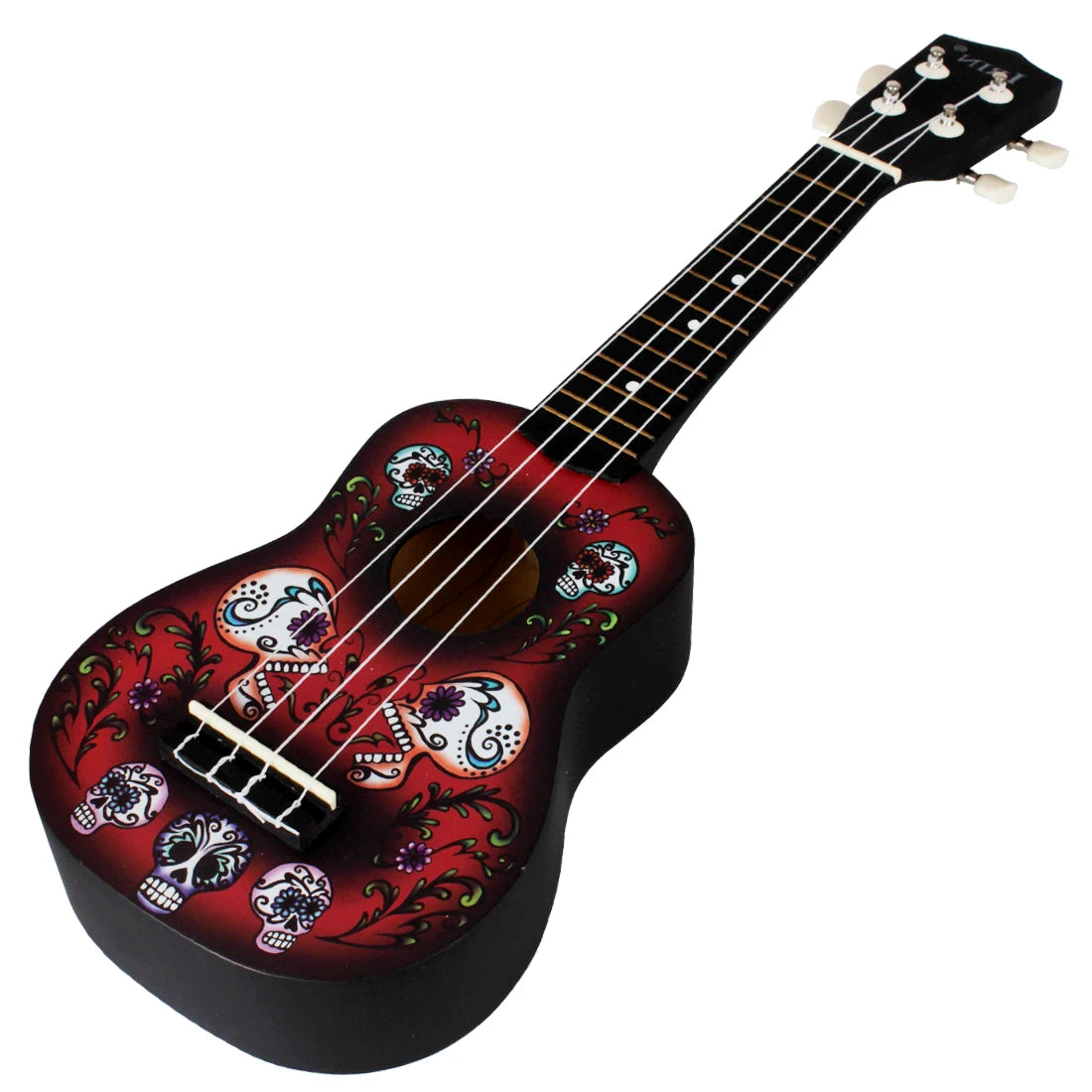 A red ukulele with skull and floral designs on the body, showing the neck and soundhole.