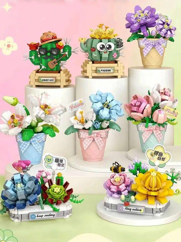 A set of floral bouquet building blocks featuring various succulents and flowers in pink, green, and purple colors.