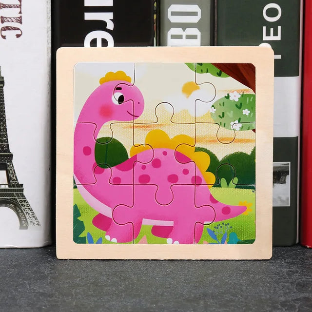 A pink dinosaur puzzle featuring a friendly dinosaur in a grassy outdoor scene.
