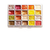 A palette of twenty metal watercolor paints featuring various shades including pink, orange, yellow, and gold.