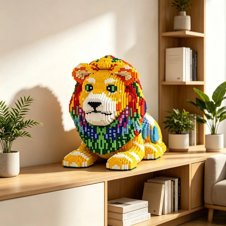 A detailed model of a majestic lion built from colorful micro building blocks sitting on a wooden shelf.