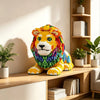 A detailed model of a majestic lion built from colorful micro building blocks sitting on a wooden shelf.
