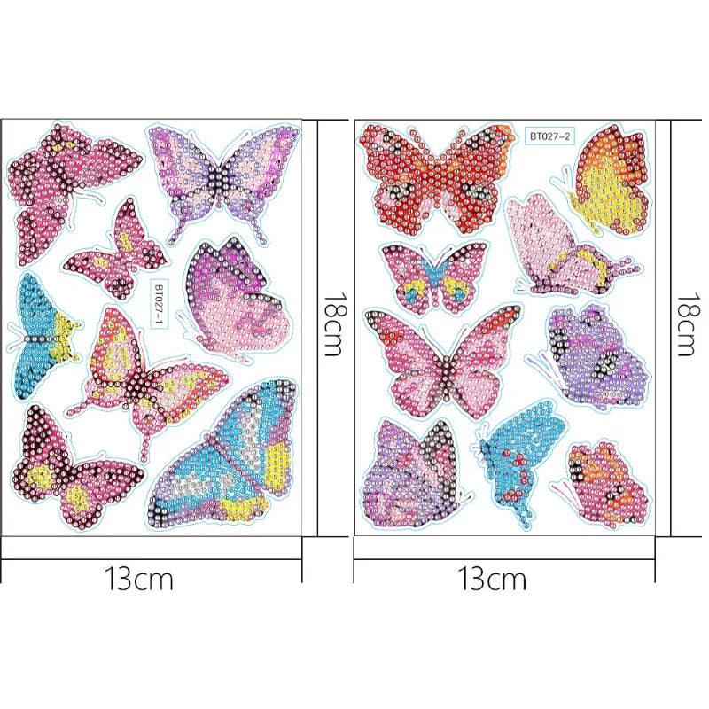 A set of diamond painting stickers featuring various colorful floral and butterfly designs on white backgrounds.