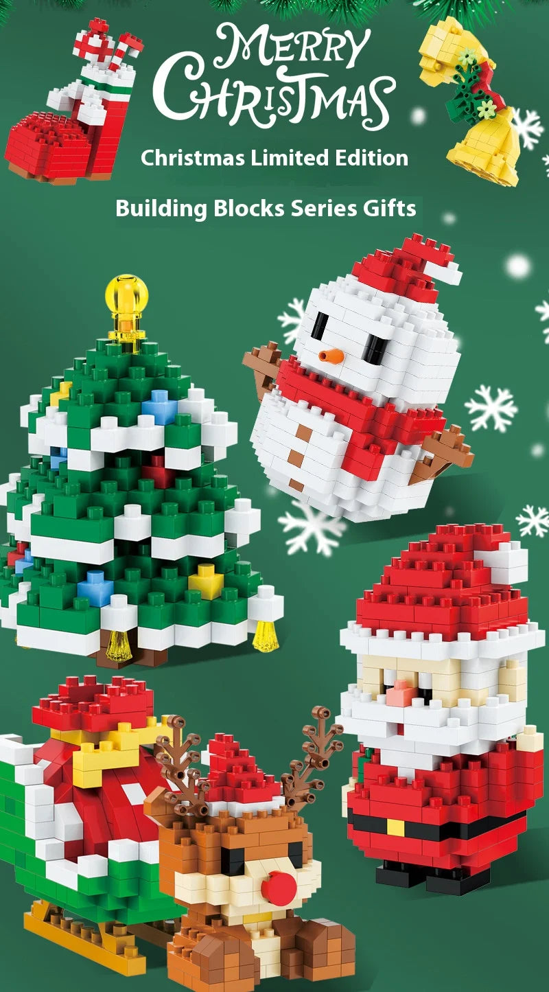 A collection of LEGO building blocks featuring Santa, a snowman, and a reindeer in Christmas themed sets.