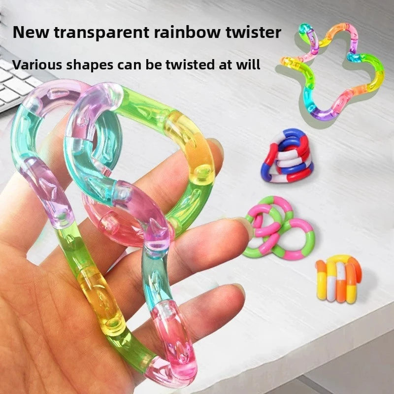 A hand holds several transparent rainbow twist ropes of various colors, demonstrating different twisting shapes.