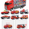 A red die-cast construction truck set featuring a transporter and various other vehicles.