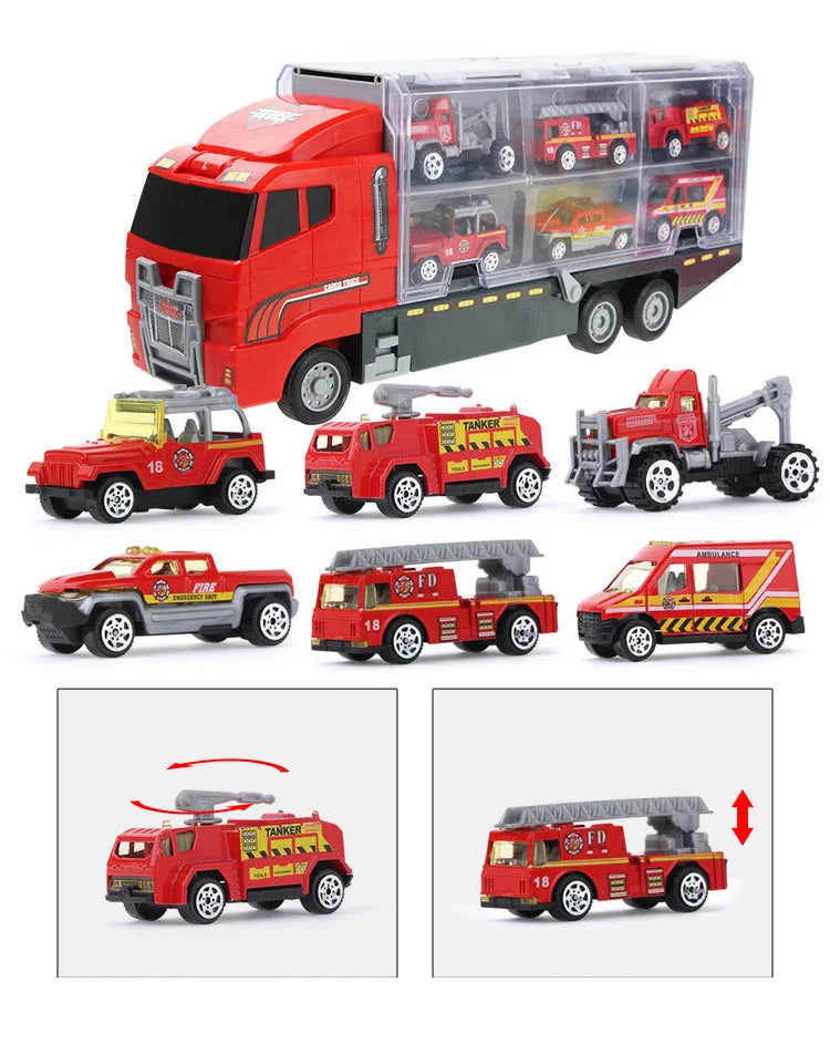 A red die-cast construction truck set featuring a transporter and various other vehicles.