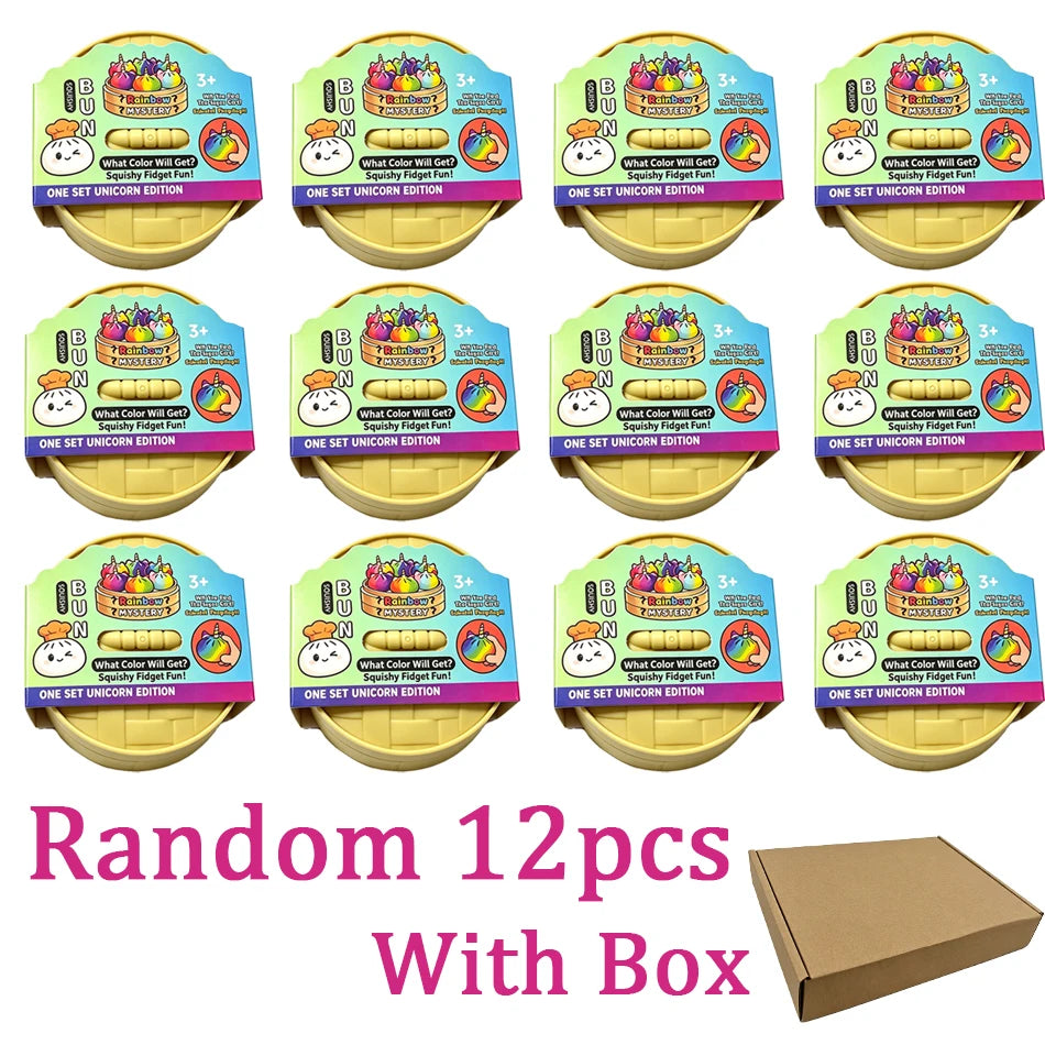 A set of twelve glitter unicorn bun squishy toys with boxes for stress relief and sensory fidget fun