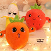 An orange strawberry plush toy next to a yellow fruit plush toy on a white surface.