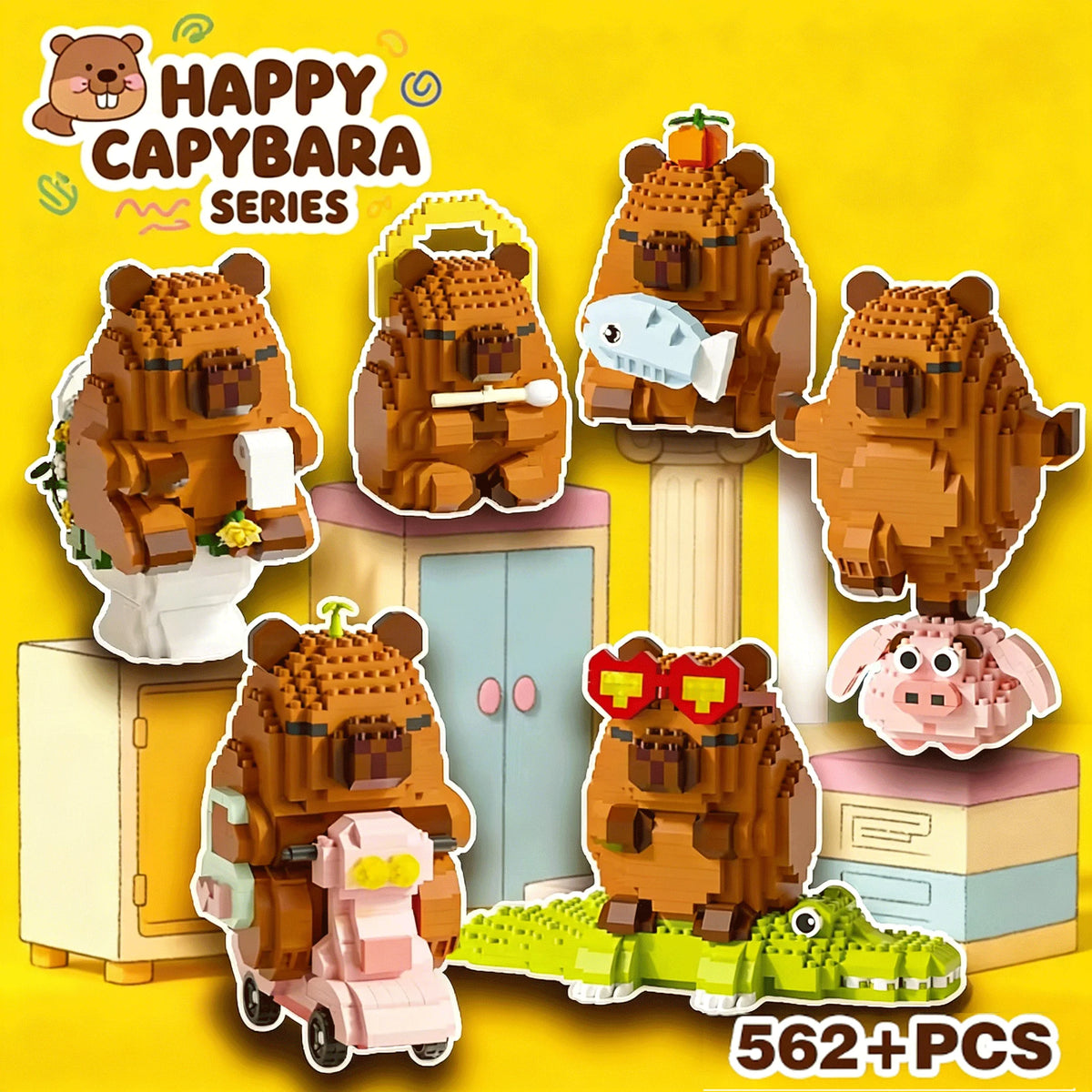 A set of 562 building blocks featuring various capybara figures and accessories.