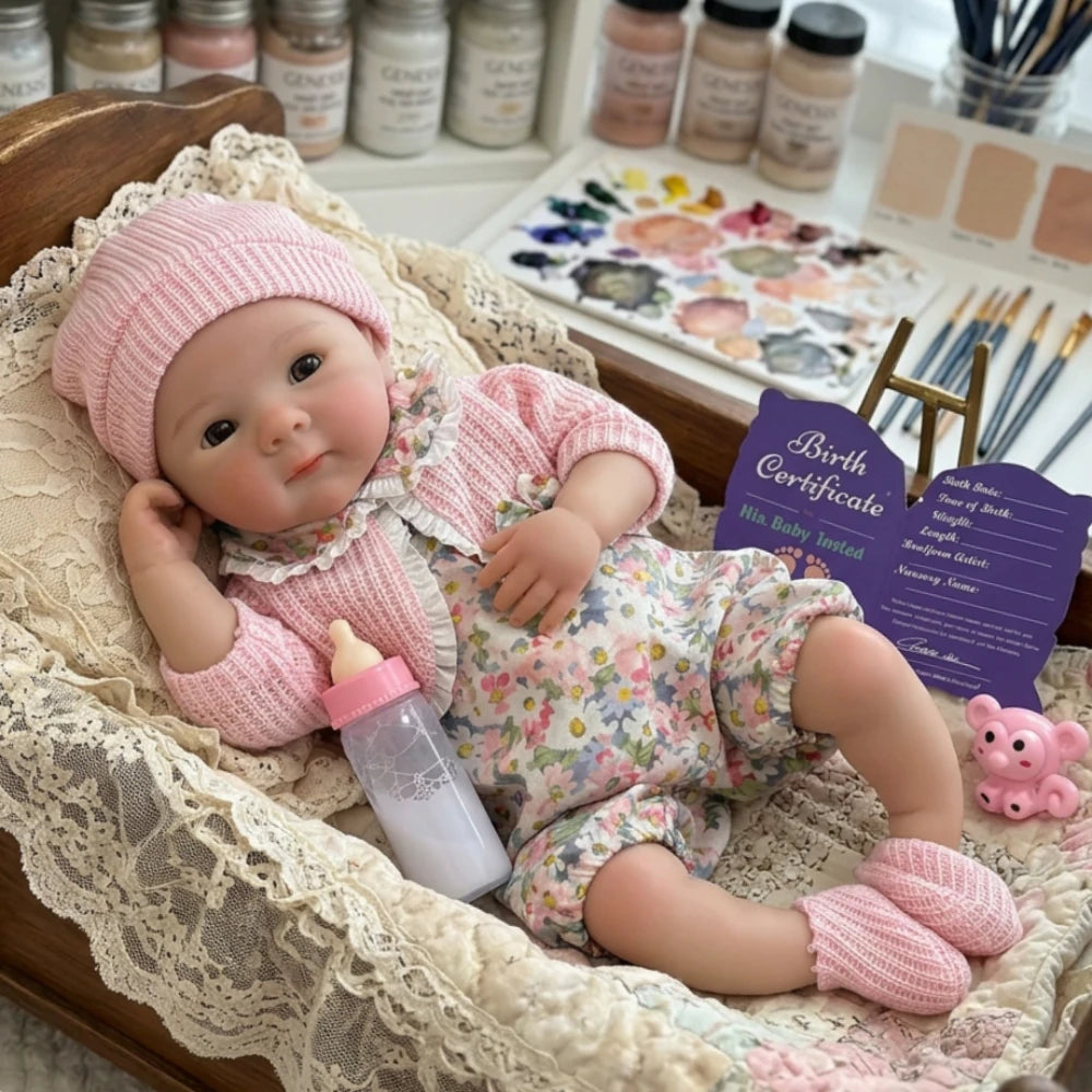 A realistic soft silicone reborn baby doll wearing a pink knitted hat and floral outfit, resting in a lace-lined basket.