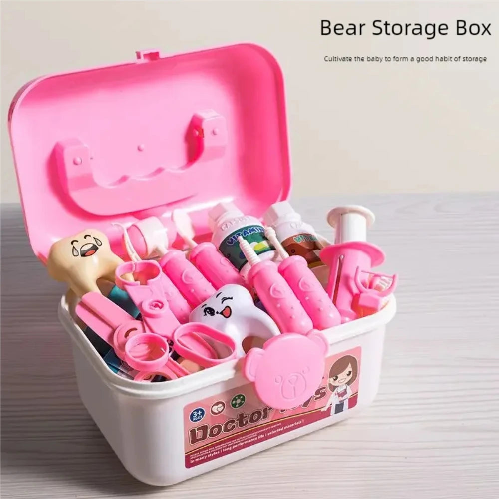 A pink storage box for a kids doctor role play kit containing various medical tools and accessories.