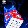 A close-up view of a GAN 460 M V2 magnetic speed cube puzzle with red, white, and blue components.