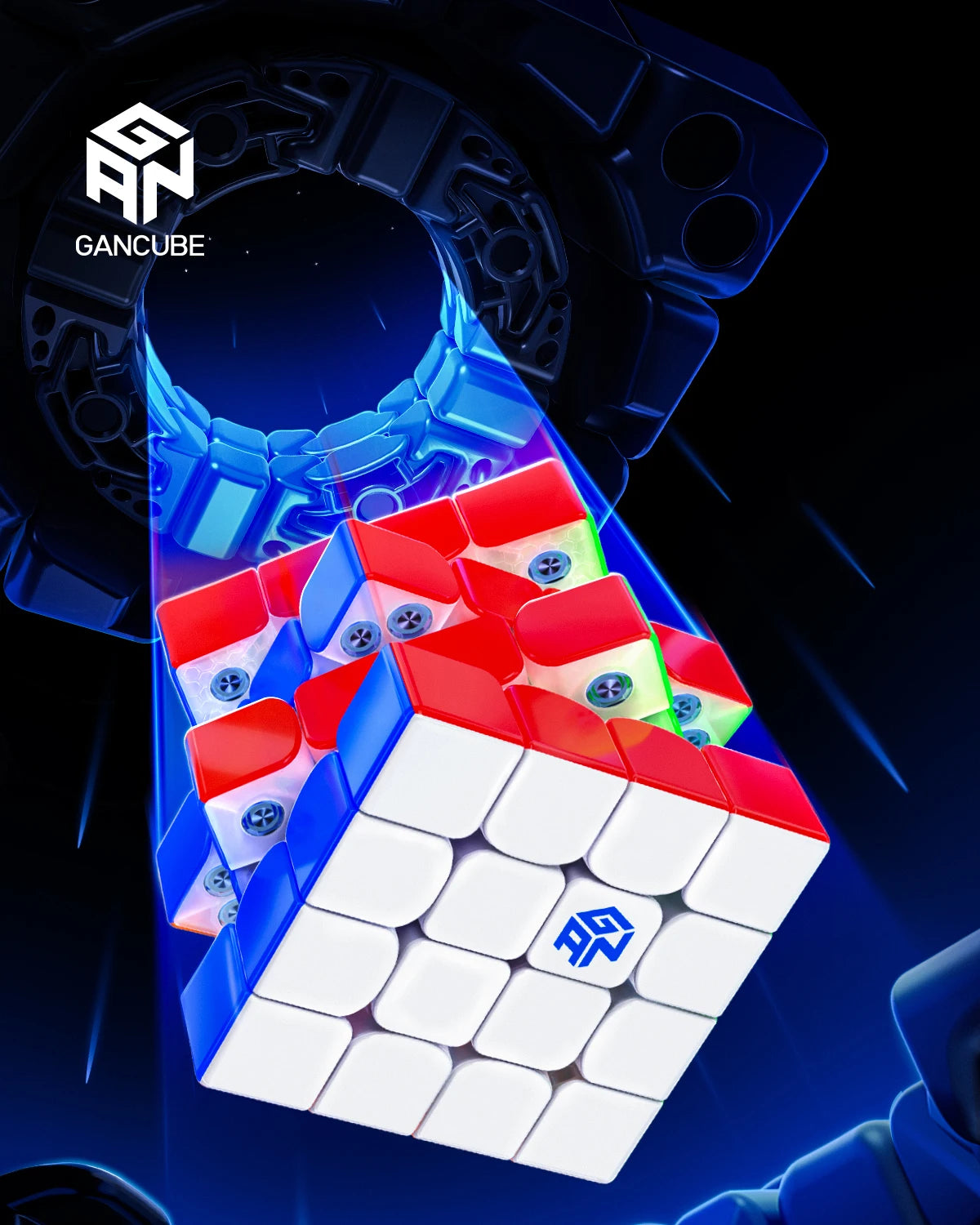 A close-up view of a GAN 460 M V2 magnetic speed cube puzzle with red, white, and blue components.