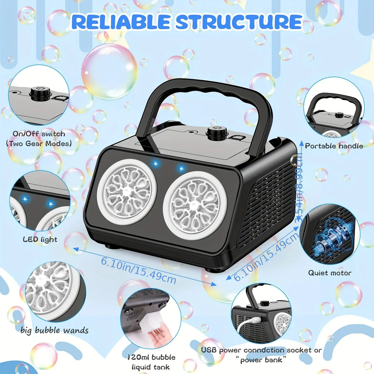 Automatic Bubble Machine with Dual Fans and LED Lights