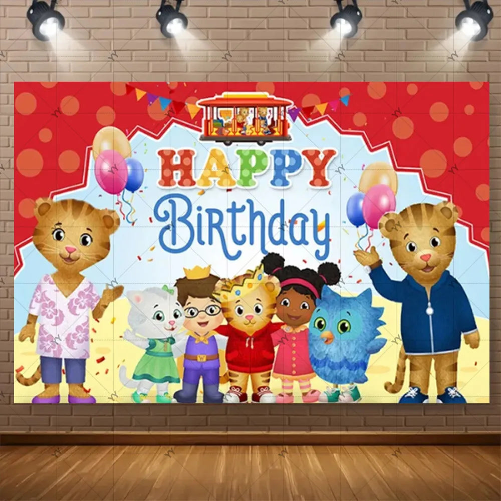 A colorful cartoon illustration featuring several cute tigers and other characters celebrating a happy birthday party backdro
