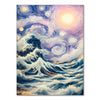 A painting depicting a dramatic night sky with swirling clouds and a bright sun, featuring deep blues and purples.