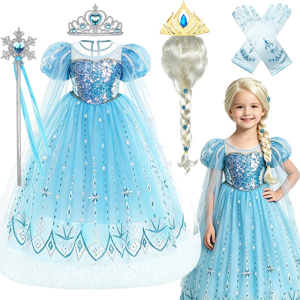 A light blue Elsa princess tulle party dress for girls with a crown and accessories.