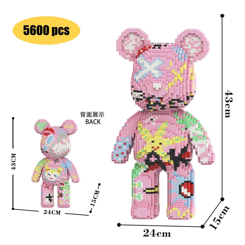 Rosa Teddy-Bausteinfigur mit weißen Akzenten, von vorne und hinten gezeigt.
