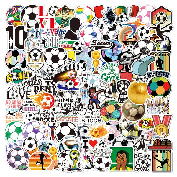 A collection of various soccer and sports-themed decals stickers featuring footballs, players, and related graphics.