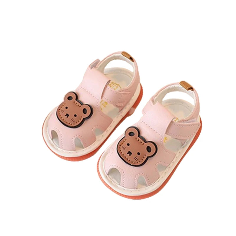 Sandales d'été roses antidérapantes pour bébés avec motif ours qui crache