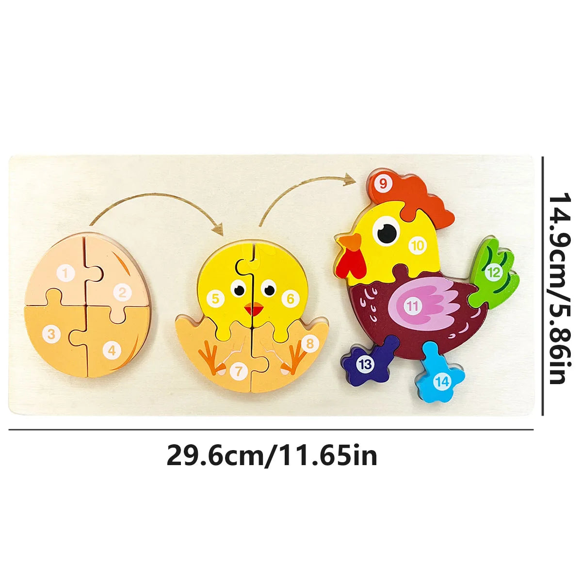 A wooden puzzle depicting a cartoon dinosaur, made of numbered pieces, showing growth and change.