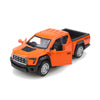 Orange 1/36 scale die-cast metal F150 off-road pickup truck with a black bed and pullback action.