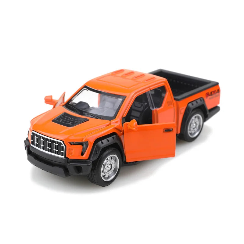Orange 1/36 scale die-cast metal F150 off-road pickup truck with a black bed and pullback action.