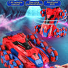 A red and blue six-wheel stunt drift remote control vehicle with robotic hands is shown being operated by a hand.