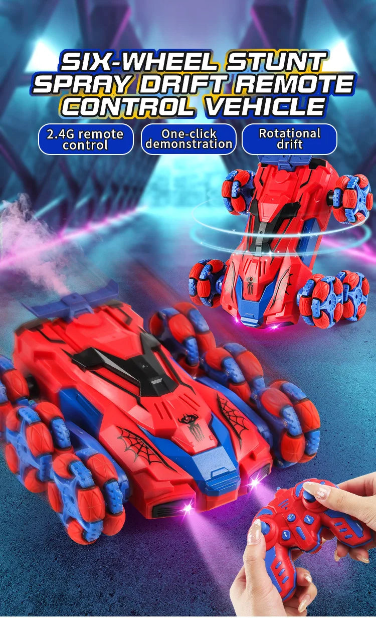 A red and blue six-wheel stunt drift remote control vehicle with robotic hands is shown being operated by a hand.