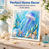 Framed diamond art featuring a blue and purple jellyfish and starfish designs on a white background