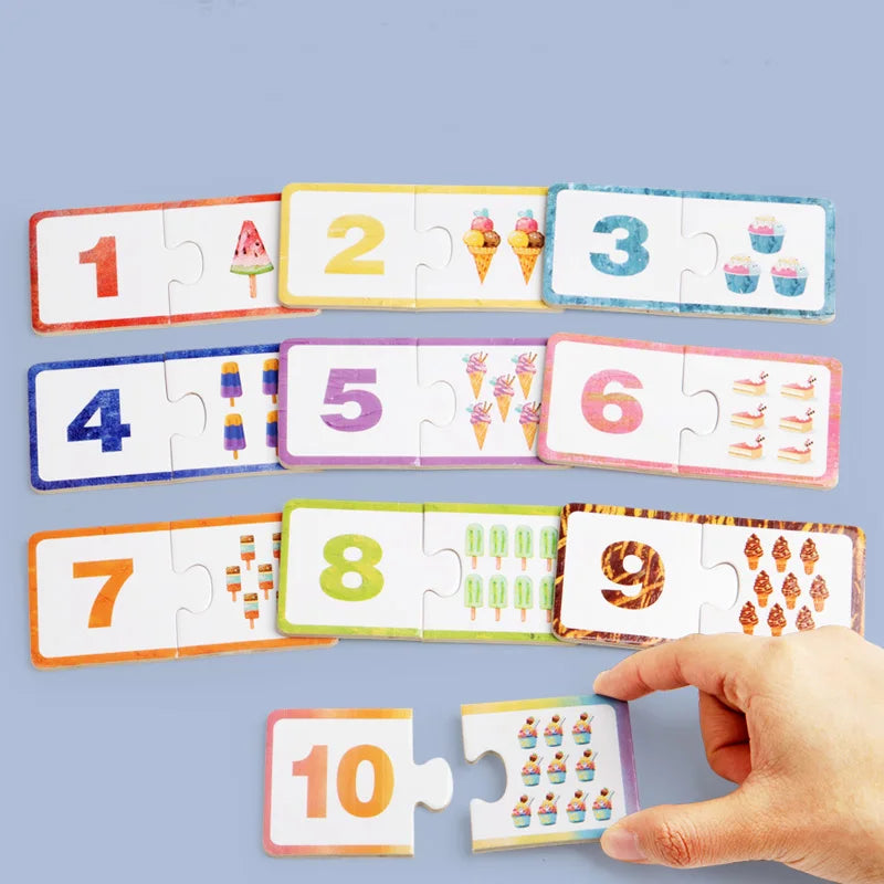 A set of wooden number matching puzzles numbered 1 through 10, showing colorful fruit and ice cream toppings.