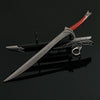 A detailed replica of Orcrist sword, a metal model of Thorin Oakenshield, featuring a silver blade and red hilt.