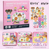 A pink magnetic quiet book for girls style showing various activities like arranging a room, afternoon tea, and a dressing ro