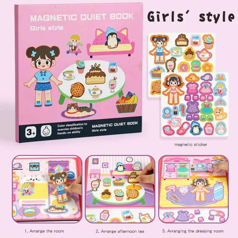 A pink magnetic quiet book for girls style showing various activities like arranging a room, afternoon tea, and a dressing ro