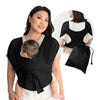 A woman is wearing a black X-shaped baby sling carrier with multifunctional back support, shown alongside a product view.