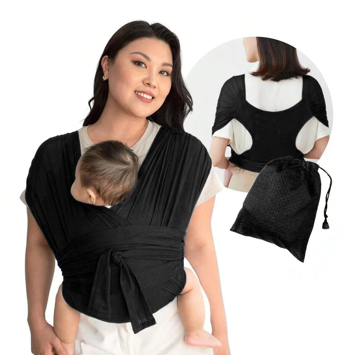 A woman is wearing a black X-shaped baby sling carrier with multifunctional back support, shown alongside a product view.