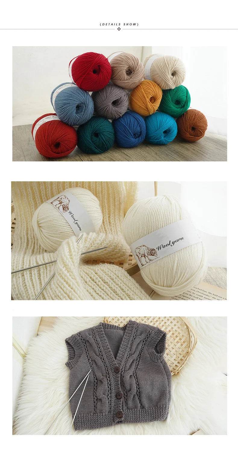A collection of various colored wool yarn skeins and a knitted garment made from wool yarn.