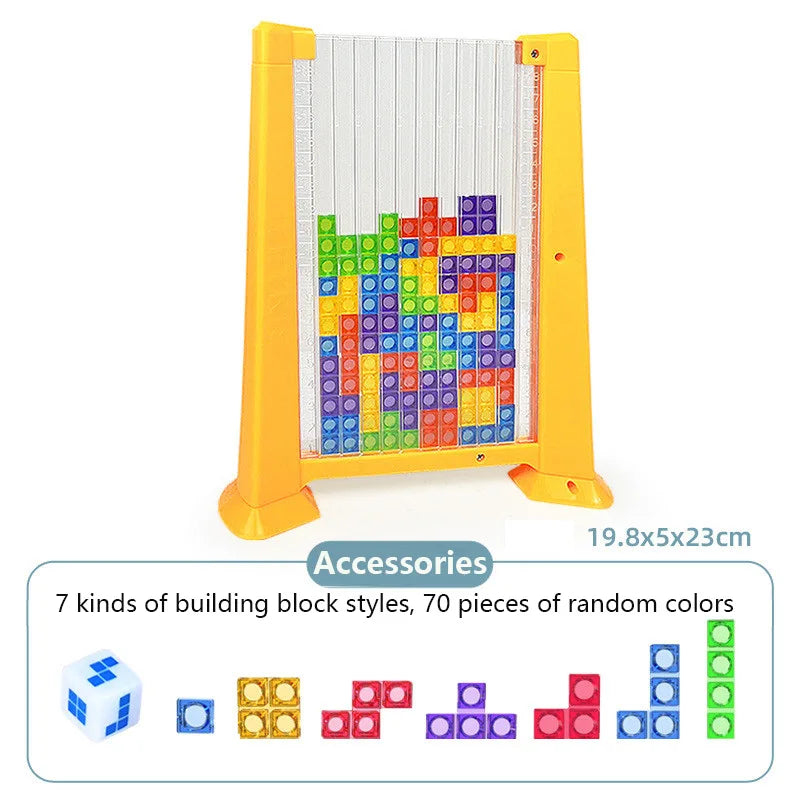 A yellow puzzle building block set with various colored plastic blocks and accessories.