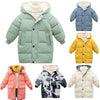 A collection of children's thick cotton-padded parka jackets in various colors including mint green blue yellow and pink