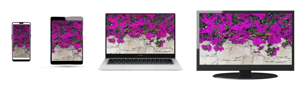 A series of digital devices displaying a vibrant pink and green underwater castle mermaid theme backdrop.
