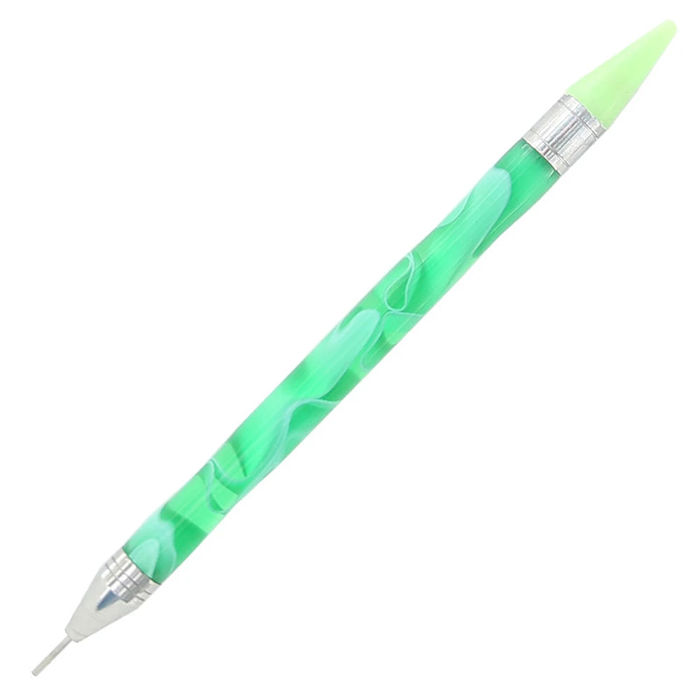 A bright green double-head diamond painting pen with a silver cap and wax tip.