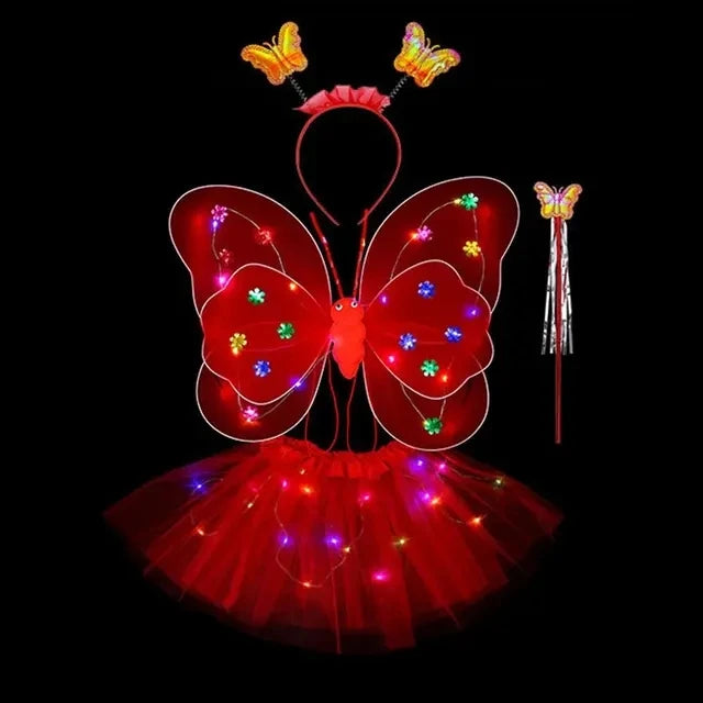 A red LED butterfly costume set for girls featuring glowing wings, a skirt, and a wand.