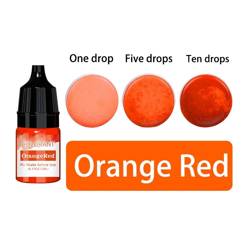 A set of orange red liquid candle wax pigment drops shown in various quantities: one, five, and ten drops.