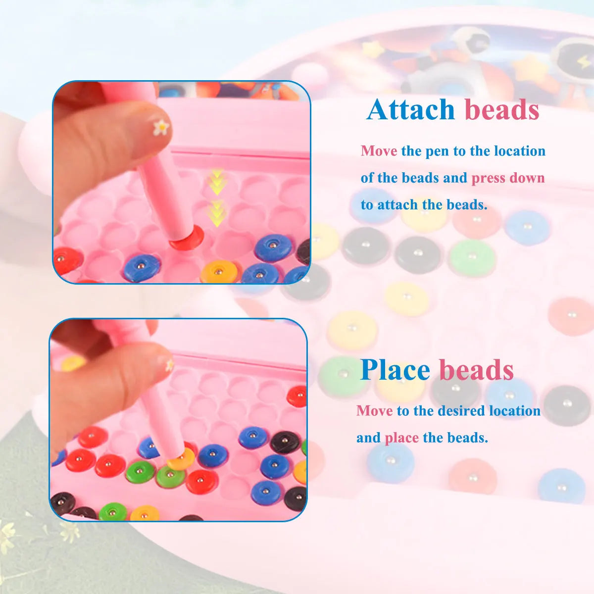 Instructions show how to attach and place beads onto a pink magnetic doodle board for kids.