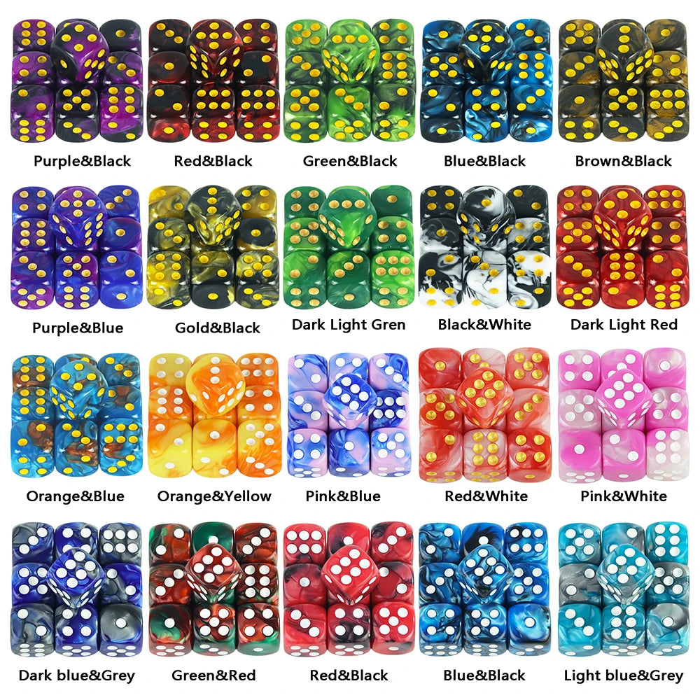 A collection of 10 mixed-color dice sets, including Purple&Black, Red&Black, Green&Black, Blue&Black, Brown&Black, and variou