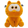 An orange Garfield plush doll with large eyes and a pink nose, sitting upright.