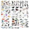 A collection of realistic mini ocean animal figurines including whales, sharks, dolphins, turtles, and penguins.