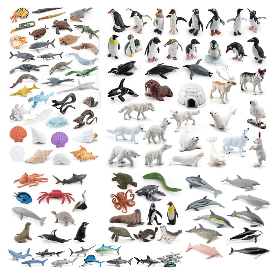 A collection of realistic mini ocean animal figurines including whales, sharks, dolphins, turtles, and penguins.