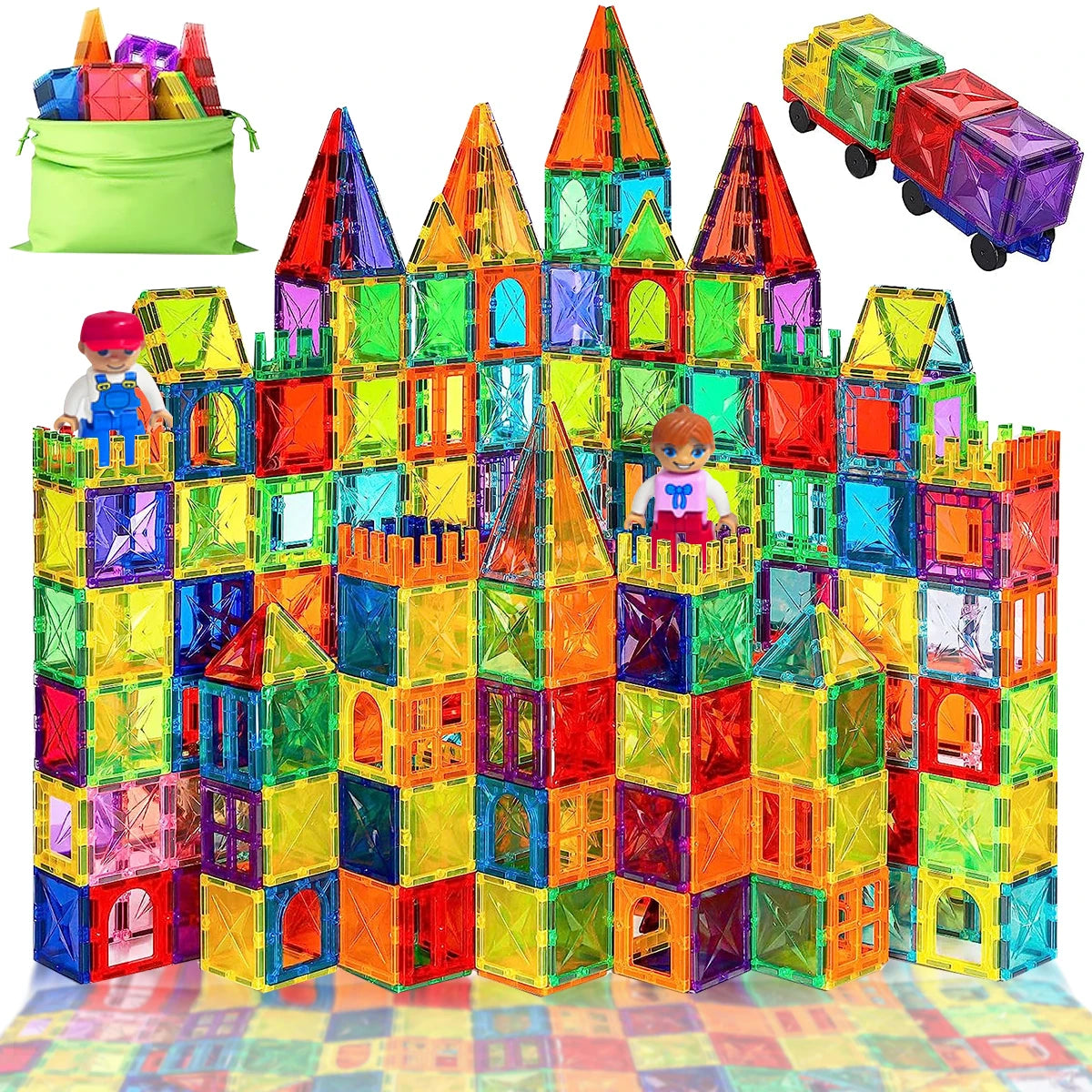 A colorful structure built from magnetic building blocks resembling a castle, with several blocks scattered nearby.